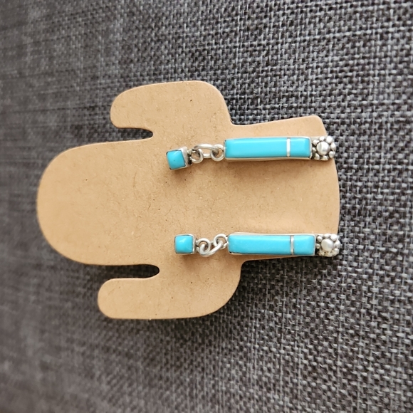 Gorgeous Native American Zuni Inlay Turquoise Dangle Earrings - Picture 9 of 9
